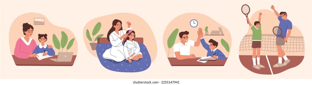 Parenthood concept. Parents with children learning lessons, playing tennis, braiding hair.Mother with daughter and father with son relationship, activity. Fatherhood and motherhood. Family support. 