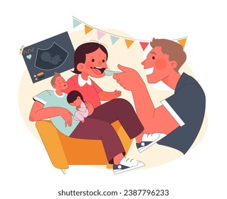 Parenthood concept. Young parents cherishing moments with their newborn, from feeding to bonding, with an ultrasound image celebrating anticipation. Flat vector illustration.