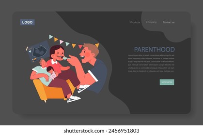 Parenthood concept. Young parents cherishing moments with their newborn, from feeding to bonding, with an ultrasound image celebrating anticipation. Flat vector illustration.