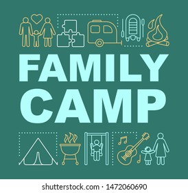 Parenthood country adventure camp word concepts banner. Presentation, website. Family outdoor activities. Isolated lettering typography idea with linear icons. Vector outline illustration
