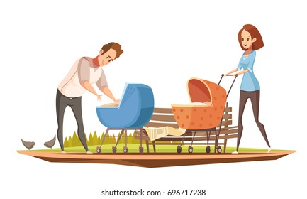 Parenthood duties retro cartoon poster with mother and father with 2 babies in prams outdoor vector illustration 