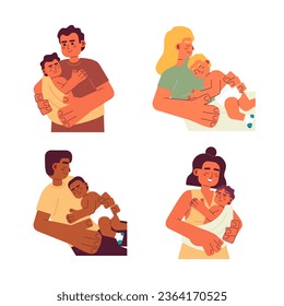 Parenthood flat concept vector spot illustrations set. Parents taking care of babies. Toddlers in sling 2D cartoon characters on white for web UI design. Isolated editable creative hero images pack