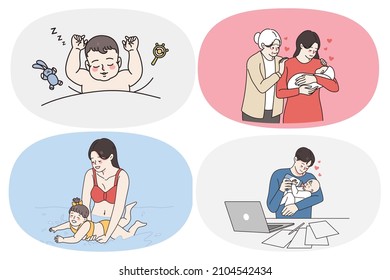 Parenthood and happy childhood concept. Set of babies toddlers infants sleeping swimming in sea eating milk and communicating with parents vector illustration 