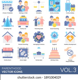 Parenthood Icons Including Chores Timetable, Raising A Child, Discipline, Family Activity, Holiday, Camping Trip, Car, Parenting Style, Divorce, Managing Emotion, Support, Game Night, Meal, Birthday.