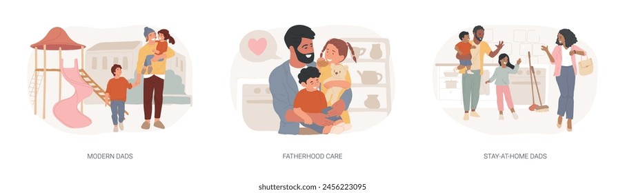 Parenthood isolated concept vector illustration set. Modern dads, fatherhood care, stay-at-home dads, happy kid family, fathers day, breadwinner mom, parental leave, domestic work vector concept.