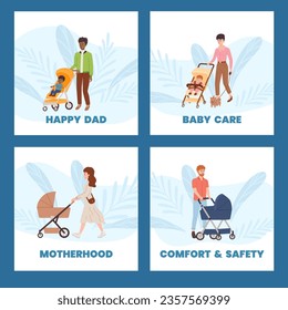 Parenthood posters set with people pushing baby strollers, flat vector illustration. Men and women walking with newborns. Square cards collection. Mothers and fathers taking care of infants.