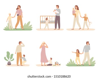 Parenthood problems. Crying child and tired parents, exhausted dad and kids want attention from mother. Isolated vector illustration icons set