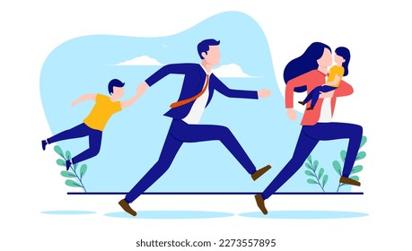 Parenthood stress - Parents with kids running in a hurry and with stressful little time. Flat design vector illustration with white background