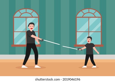 Concepto vectorial de la paternidad: Padre joven e hijo pequeño hacen ejercicio con la espada de la valla mientras disfrutan del tiempo libre 