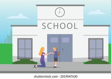 Concepto vectorial de la paternidad: Madre joven dando comida a su hijo en el colegio mientras estaba de pie frente al colegio