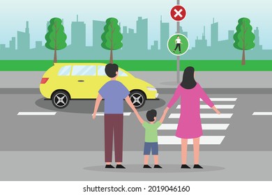 Concepto vectorial de la paternidad: Jóvenes padres e hijo pequeño cruzan juntos la carretera mientras toman las manos