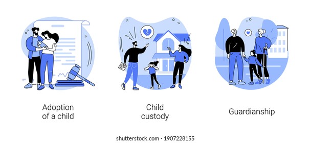 Parenting abstract concept vector illustration set. Adoption of a child, custody and guardianship, foster care parent, family conflict, orphanage, adoptive parents, separation abstract metaphor.