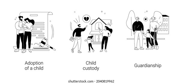 Parenting Abstract Concept Vector Illustration Set. Adoption Of A Child, Custody And Guardianship, Foster Care Parent, Family Conflict, Orphanage, Adoptive Parents, Separation Abstract Metaphor.