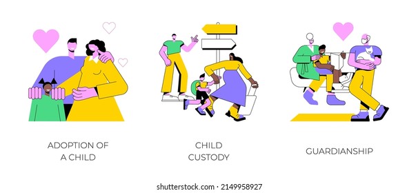 Parenting Abstract Concept Vector Illustration Set. Adoption Of A Child, Custody And Guardianship, Foster Care Parent, Family Conflict, Orphanage, Adoptive Parents, Separation Abstract Metaphor.