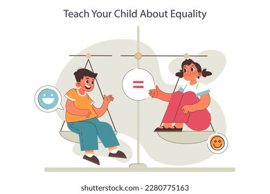 Parenting advice. Boy and girl learning about equaility. Upbringing children with tolerance and equity. Equal rights and social fairness education. Flat vector illustration