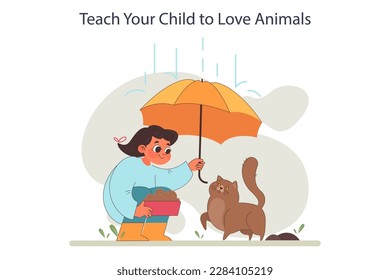 Consejos para la crianza de los hijos. Cultivar un amor por los animales en su hijo. Niña cuidando de un gato callejero. Construyendo una relación positiva con la naturaleza, el cultivo de valores morales. Ilustración vectorial plana