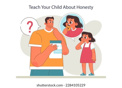 Parenting advice. Father teaching daughter about honesty. Little girl learning to be sincere. Building a trustful relationship with children, positive parenthood. Flat vector illustration