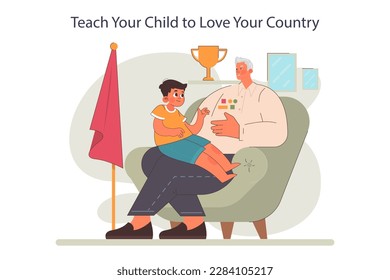 Parenting advice. Little child learning about patriotism. Boy sitting on his grandfather lap. Building a positive relationship with world, moral values cultivation. Flat vector illustration