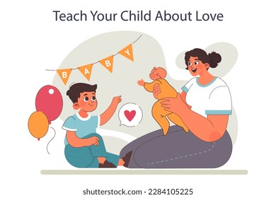 Parenting advice. Little child learning about love and family. Boy meeting his little sibling. Building a positive relationship with children, moral values cultivation. Flat vector illustration