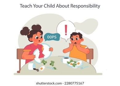 Parenting advice. Little children learning about responsibility. Girl with broken plate. Building a trustful relationship with children, moral values cultivation. Flat vector illustration