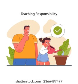 Parenting advice. Little girl learning about responsibility. Girl taking care of a plant. Building a trustful relationship with children, moral values cultivation. Flat vector illustration