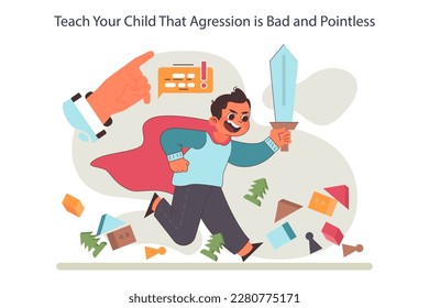 Parenting advice. Michieveous child running causing chaos during play. Parent scolding his kid, educating about agressive behavior. Nurturing a boy without violence. Flat vector illustration