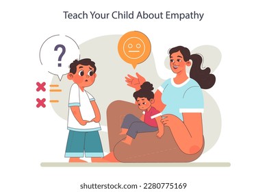 Parenting advice. Mother educating her children about empathy and emotional intelligence. Parent building a bond between brother and sister. KKid learning about compassion. Flat vector illustration