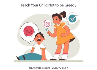 Parenting advice. Parents teaching a child to share or don't be greedy. Little girl reaching out a candy to a boy. Moral values cultivation. Flat vector illustration