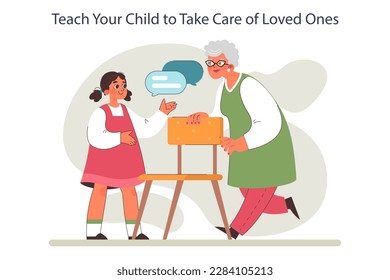 Parenting advice. Parents teaching a child to help other people. Little girl suggest a seat to a senior lady. Moral values, good manners and politeness cultivation. Flat vector illustration