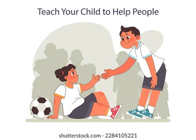 Parenting advice. Parents teaching a child to help other people. Little boy reaching out a hand to help a girl. Moral values cultivation. Flat vector illustration