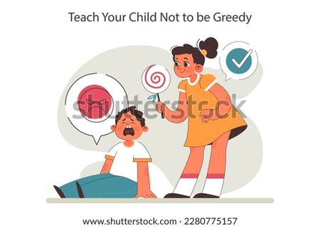 Parenting advice. Parents teaching a child to share or don't be greedy. Little girl reaching out a candy to a boy. Moral values cultivation. Flat vector illustration