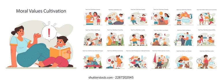 Parenting advice set. Parents educating a child. Preschool education and nurturing, bonding with a son, spending time together. Flat vector illustration