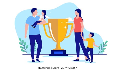 Parenting award - Two parents being great and winning trophy cup for having a successful family life. Flat design vector illustration with white background