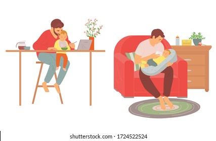 Parenting And Caring For Children Vector, Father Feeding Newborn Baby With Milk From Bottle, Dad Sitting By Table With Toddler Wearing Bib Flat Style