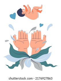 Parenting and caring for newborn kid, isolated hands holding baby. Love and tender feeling, adorable kiddo and mother or father. Protection and joy, playing with toddler. Vector in flat style