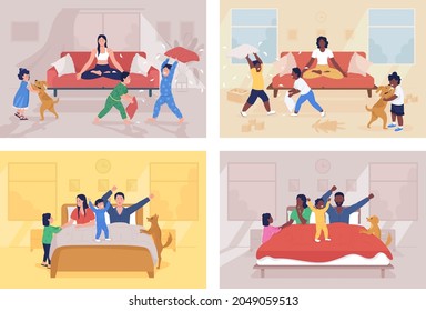 Parenting challenges flat color vector illustration set. Routine at home with children. Kids waking up parents. Family 2D cartoon characters with home interior on background collection