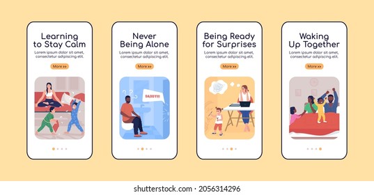 Parenting challenges onboarding mobile app screen flat vector template. Walkthrough website 4 steps with characters. Creative UX, UI, GUI smartphone cartoon interface, case prints set