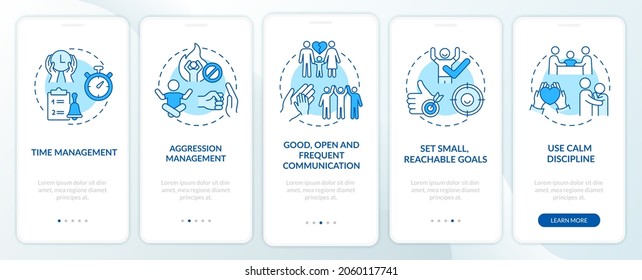 Parenting children with ADHD onboarding mobile app page screen. Aggression control walkthrough 5 steps graphic instructions with concepts. UI, UX, GUI vector template with linear color illustrations