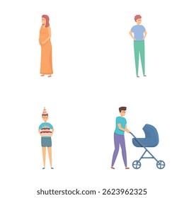 Parenting concept icons set cartoon vector. Man with baby pram, pregnant woman. Parenthood, family