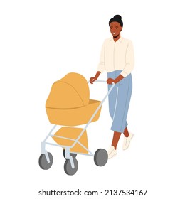 Parenting Concept. Young Mother Pushing Carriage with Newborn Baby Isolated on White Background. Mom Wear Summer Clothes Walk with Stroller, Female Character Care of Child. Cartoon Vector Illustration