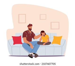 Parenting, Confidential Relations, Parent Character Support Child. Father and Crying Daughter Sitting on Sofa in Room Speak and Share Problems. Dad and Girl Talking. Cartoon People Vector Illustration