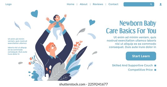 Parenting course for moms and dads, newborn baby care basics for you. Start learning online, lessons and classes with experts recommendations. Website landing page, internet site, vector in flat style