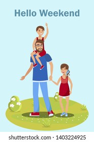 Parenting Courses Flyer, Brochure Vector Concept. Young Parent with Children Cartoon Characters. Family Rest, Father Day, Hello Weekend Poster. Happy Man with Kids Flat Illustration with Typography