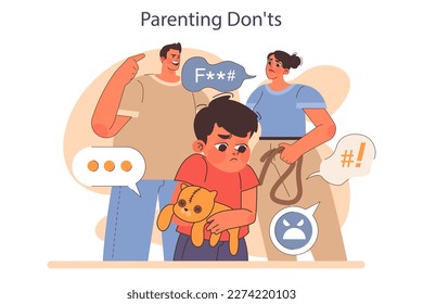 Parenting don'ts. Verbal, emotional and physical abuse of a child. Parenthood failure. Abusive family and traumatizing childhood experience. Flat vector illustration