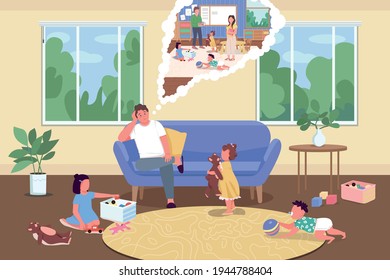 Parenting during isolation flat color vector illustration. Quarantine isolation. Exaushted dad with kids. Tired father with children at home 2D cartoon characters with interior on background