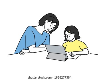 Parenting, education, mother-child illustrations (communication, online, study, learning, play, teaching, stay home, home learning)