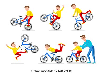 Parenting. The father teaches his son to ride a bicycle. The first bike. Vector illustration of a flat design art
