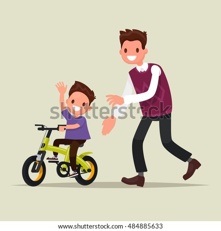 Parenting. The father teaches his son to ride a bicycle. The first bike. Vector illustration of a flat design
