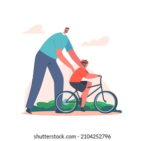 Parenting, Fatherhood Concept. Caring Dad Teaching Son to Ride Bike for the First Time. Father Teach Kid Boy Cycling Outdoor. Happy Family Characters Activity. Cartoon People Vector Illustration