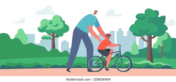 Parenting, Fatherhood Concept. Dad Teach Son to Ride Bike in City Park for the First Time. Father Teach Kid Boy Cycling Outdoor. Happy Family Characters Activity. Cartoon People Vector Illustration